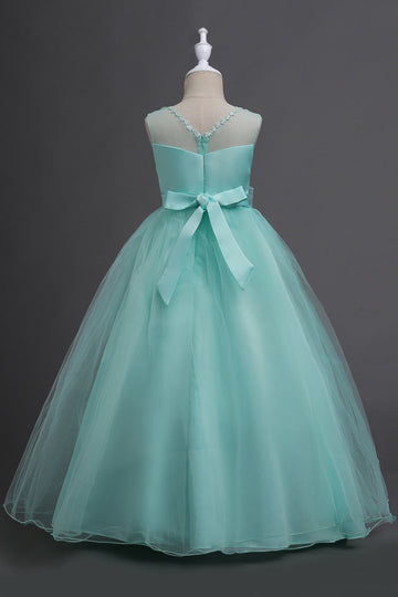 Tulle A-Line Round Neck Green Girls Dresses with Appliques